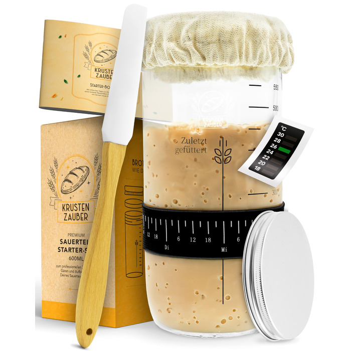 Набір для закваски KrustenZauber: скляний посуд 1000 мл з лопаткою та термометром для випікання хліба