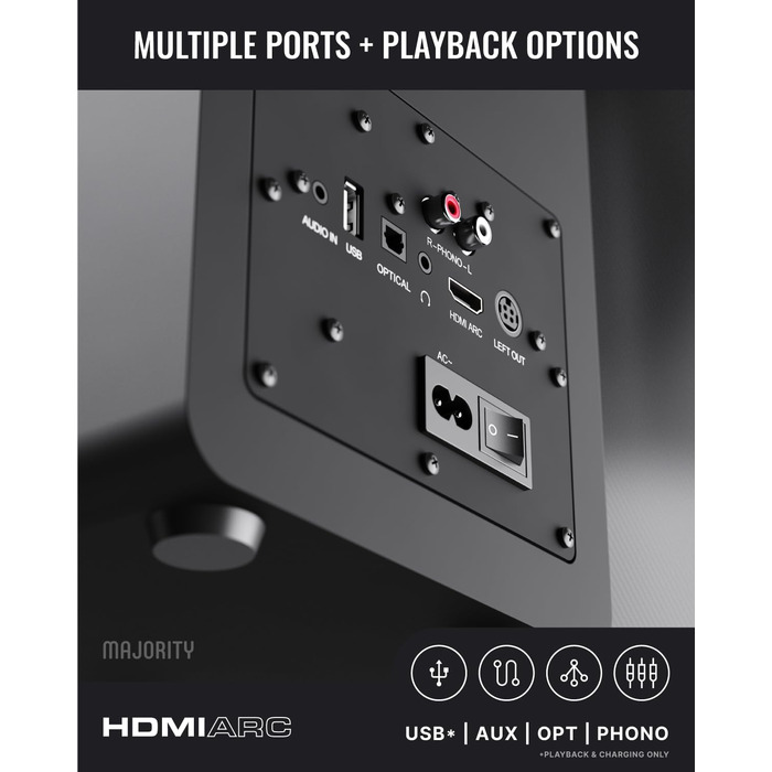 Активні Bluetooth-колонки Majority D100X 100W, вуглецеві драйвери, HDMI ARC, RCA, Optical, Phono, AUX, чорні