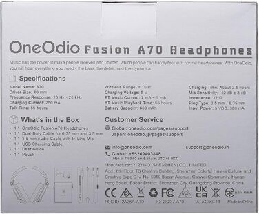 Накладні навушники OneOdio Bluetooth, 72h HiFi, бездротові, роз'єм 6,35 мм і 3,5 мм, рожеве золото