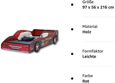 Ліжко для гоночного автомобіля METEOR зі світлодіодним підсвічуванням 90 х 200 см - Захоплююче ліжко-машина для маленьких гонщиків в червоно-чорному кольорі - 97 x 56 x 216 см (Ш/В/Г)