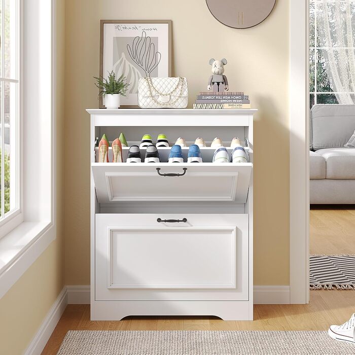 Шкаф для взуття Brinlawb білий з шухлядою, полицями та перегородками для 14-18 пар, для передпокою, вітальні