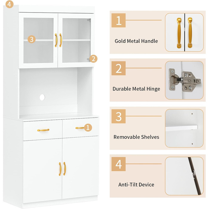 Кухонна шафа VOWNER з робочою поверхнею, буфет на 4 дверцята, шафа-вітрина, буфет з регульованими полицями, 80 x 40 x 180 см, для кухні, вітальні, офісу, їдальні (білий)