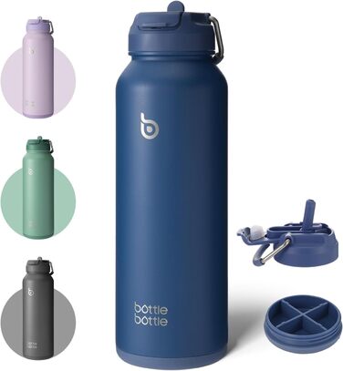 ПЛЯШКА ПЛЯШКА 1,2 л Спортивна пляшка для води з нержавіючої сталі, ізольована пляшка для води з соломинкою та тримачем для таблеток (синій)