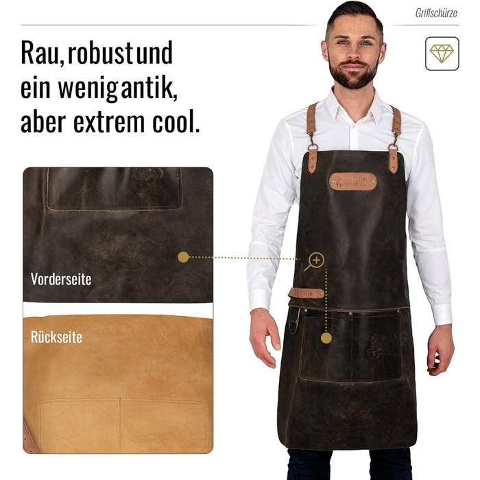 Фартух з натуральної шкіри буйвола, чорний: для гриля, барбекю, приготування їжі та кухні. Вінтажний стиль.