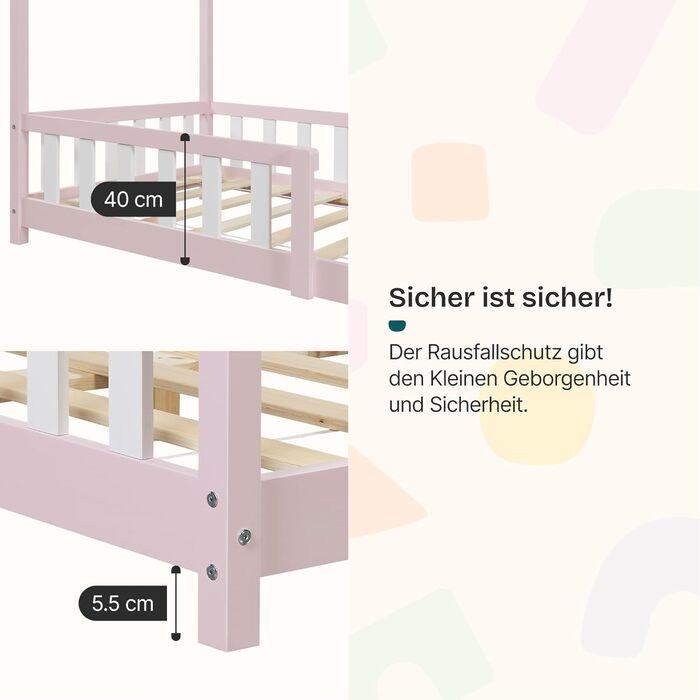 Ліжко дитяче en.casa Hesel, біле, з бортиками та ламелями, Montessori, 120x200 см