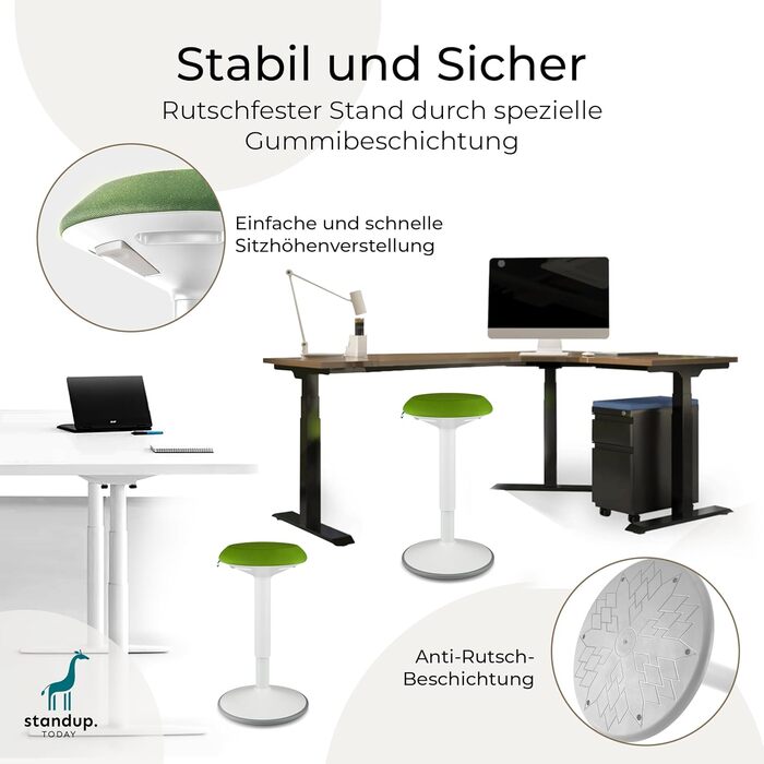 Standup.Today Ерганомічний хокер Ella (білий/зелений) – регульована висота 55-80 см – для офісу та дому – з ефектом гойдання