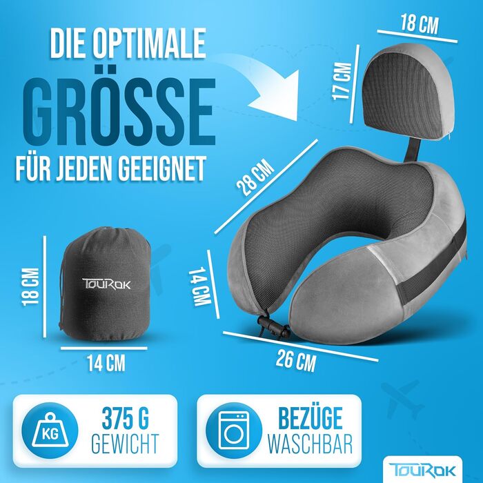 Подушка для подорожей Nackenkissen Flugzeug з піни Memory Foam – для літака, авто, з додатковою підтримкою голови, сіра