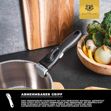 Набір каструль з знімними ручками (3 шт.) - нержавіюча сталь з покриттям - для всіх типів плит