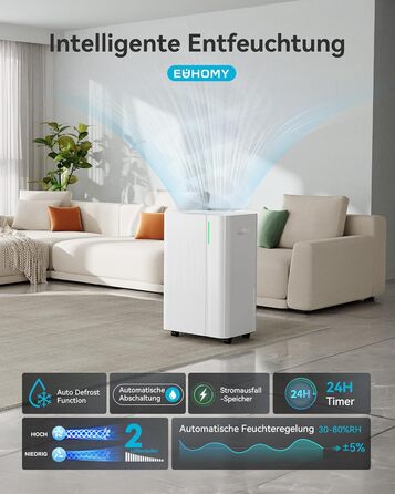 EUHOMY Електричний осушувач повітря 12L - для спальні/ванної/підвалу, тихий та економічний, 3 режими, автоматичне відтавання, шланг, фільтр, таймер, 12л/день (20л/день для 150м³/50м²)
