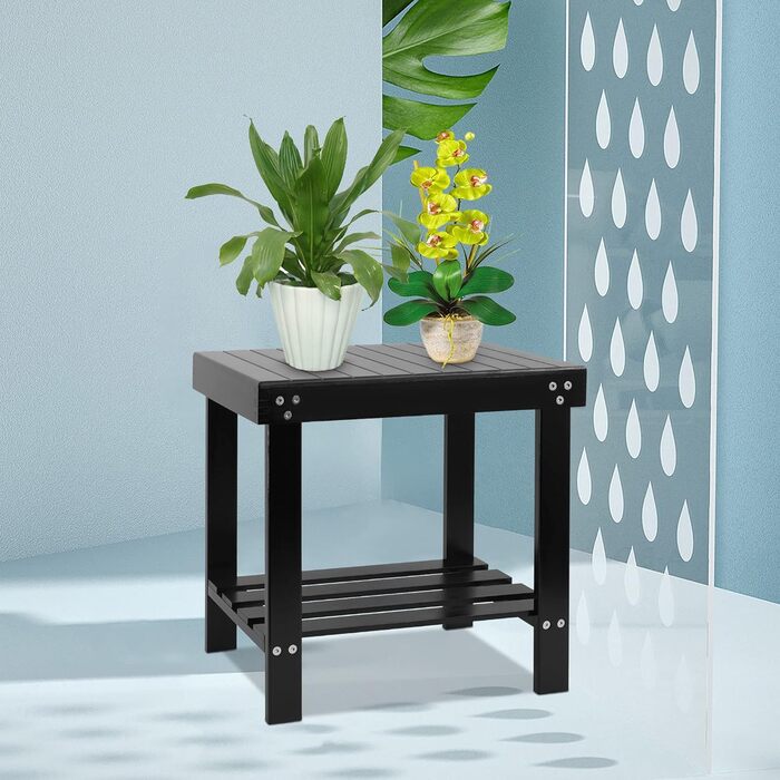 Банкетка для ванної кімнати VaeFae з бамбука, табурет для гоління з підставкою для ніг та полицею для аксесуарів, чорний колір