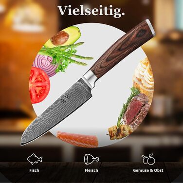 Японський ніж Wakoli EDIB Santoku з дамаської сталі (серцевина VG10), 12.5 см – гострий та зручний. Ніж Сантоку з ручкою з паккавуду в подарунковій коробці, для овочів та фруктів