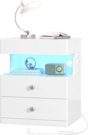 Нічний столик AOGLLATI з секретною поличкою, розеткою та LED-підсвіткою. 2 шухляди, висувний ящик, полиця. Білий, 40x35x59 см