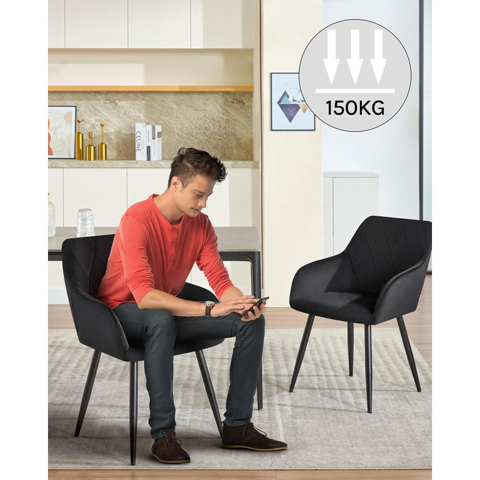 Набір обідніх стільців Woltu з підлокітниками та спинкою, для кухні, вітальні, їдальні, м'який оксамитовий чохол, металеві ніжки (Чорний, 8 шт.)