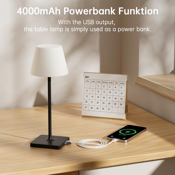 LED лампа настільна акумуляторна бездротова, диммувана, з сенсором, 4000mAh, з функцією павербанку, IP44, вологозахищена, для дому та вулиці (чорна)