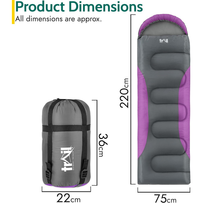 Спальний мішок Trail Alpine з капюшоном спальний мішок 250 г, 3-сезонний спальний мішок. Легкий, невеликий розмір рюкзака - з капюшоном і компресійним мішком (Фіолетовий - 3 сезони)