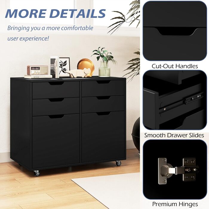 Шафа для документів Komfotteu з 5 колесами, контейнер на коліщатах з 4 шухлядами та 2 дверцятами, дерев'яний офісний контейнер, шафа для документів, візок для офісу, стіл для принтера для офісу, вітальні (Білий) (Чорний)