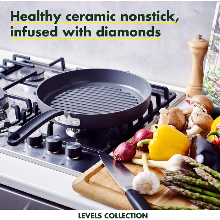 GreenPan Levels сковороди з антипригарним покриттям, 26см та 30см, без PFAS, сковорода-гриль 28см сіра