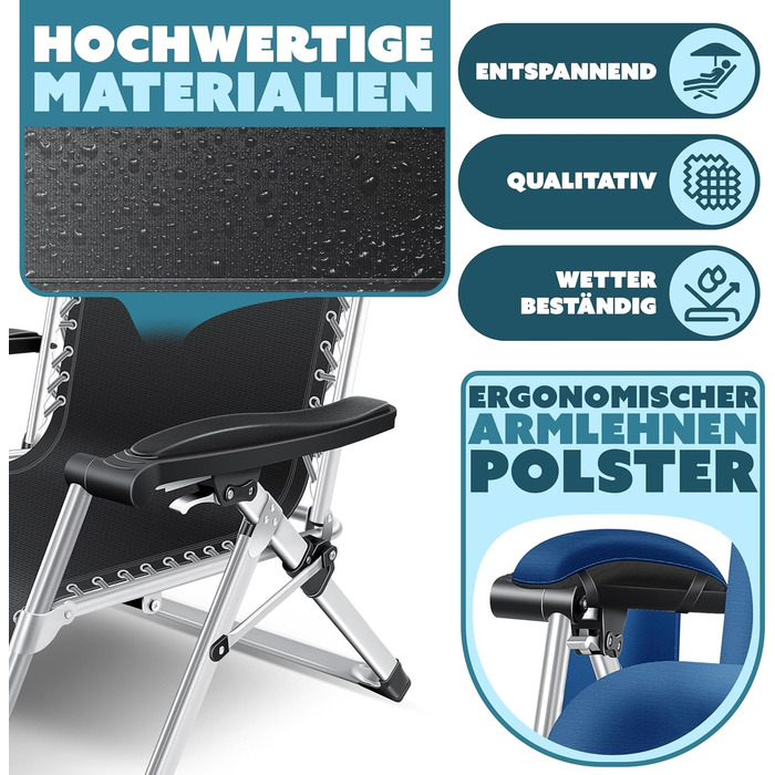 Шезлонг KESSER® для саду, широка та стійка до погодних умов, витримує до 200 кг, ергономічна спинка, регульована, з подушкою, підголівником, тримачем для напоїв, підлокітниками та бічною кишенею, блакитний