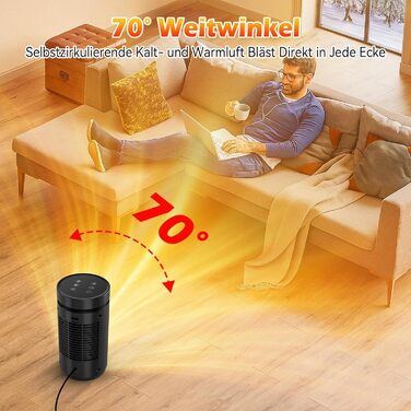 Електричний обігрівач 1500W з PTC керамічним нагрівачем, тихий (34 dB), з термостатом, таймером (12 год) та захистом від перегріву та перекидання. З пультом керування, чорний.