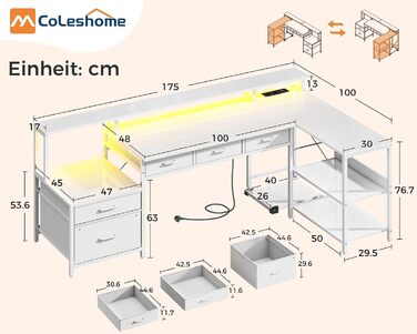 Комп'ютерний стіл кутовий Coleshome з шухлядами, 195x100 см, з розеткою, LED-підсвіткою та підставкою для монітора, реверсивний, з полицею для офісу