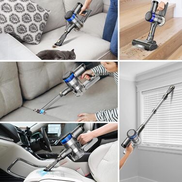 Акумуляторний пилосос Dzaki 45KPa бездротовий без мішка з дисплеєм, антинамотувальна щітка, 55 хв роботи, знімна батарея, для твердих поверхонь, шерсті тварин, килимів, авто (Золотистий сірий)