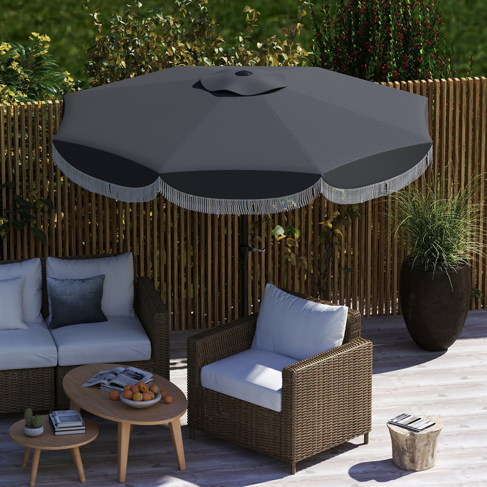 Outsunny Parasol Ø269 см, UV 30+Парасолька Восьмикутний балкон Парасолька Пляжна парасолька Вітрозахисний ринок Парасолька Crank Захист від сонця для пляжу Балконний сад, темно-сірий