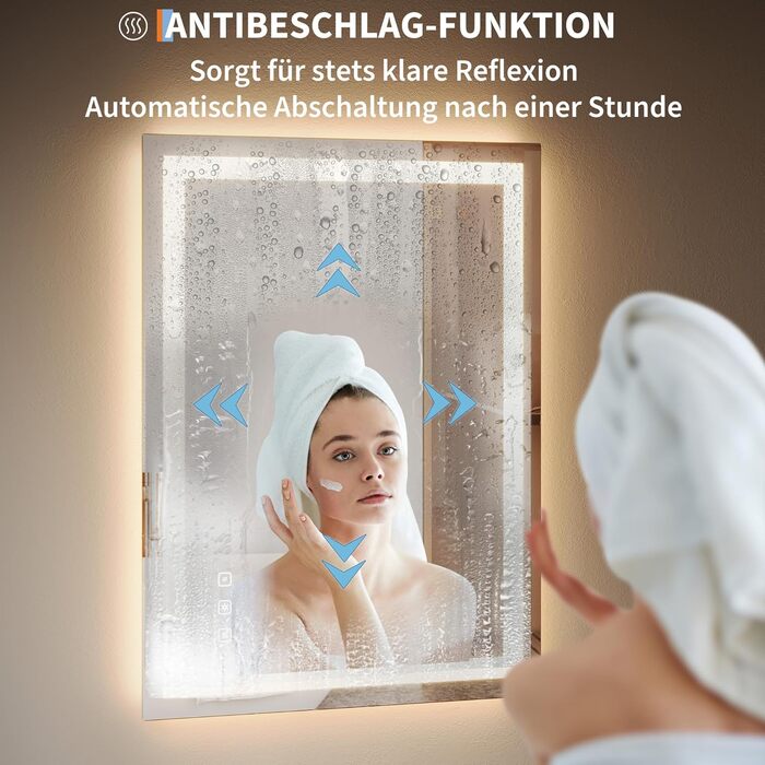 Дзеркало для ванної кімнати Porto Alegre з підсвічуванням, 60x80 см, протизапітніння, 3 кольори світла, регулювання яскравості, LED, сенсорне керування, прямокутне
