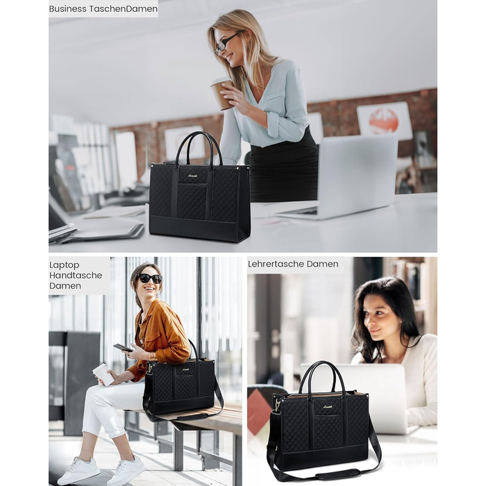 LOVEVOOK Сумка для ноутбука 15.6 дюймів, водонепроникна, для жінок, чорна, велика, ділова, шкіряна, для роботи, навчання, офісу, універсітету