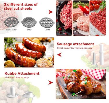 Електрична м'ясоподрібнювач Fleischwolf 2800W, 3 диски, з насадкою для ковбаси, потужність 2800 Вт, швидкість подрібнення 1,5 кг/хв (червоний)