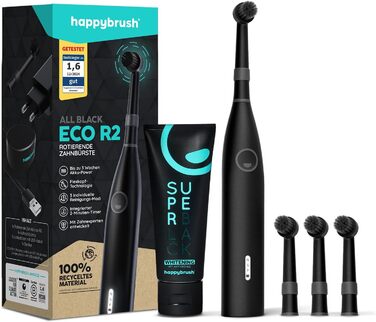 Електрична зубна щітка Happybrush Eco R2 - екологічна, з ротаційним механізмом, чорна, з 3 насадками та пастою. Рекомендовано експертами.