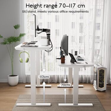 Електричний стіл з регулюванням висоти 60x110 см, з пам'яттю та захистом від зіткнень, для офісу, дому та геймінгу (білий)