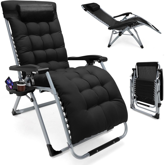 Розкладне шезлонґ для саду та басейну, широке крісло для відпочинку 72 см, з подушкою, чорний, витримує до 200 кг