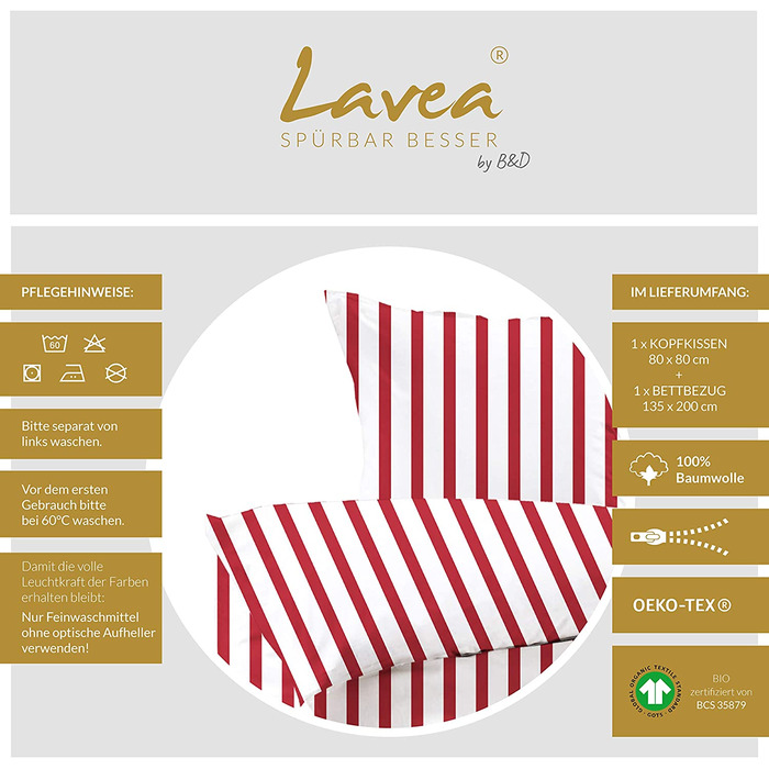 Комплект постільної білизни Lavea-Victoria 135 х 200 см 80 х 80 см.Дизайн широка смуга - Колір 100 бавовна. Висока якість із застібкою-блискавкою. Сертифікований за стандартом GOTS / Bio. (135 х 200 80 х 80 см, червоний)
