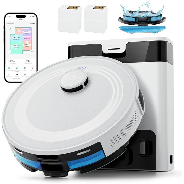 Робот-пилосос LEFANT M2 Plus з картографією, лазерною навігацією, 6000Pa, персоналізованим прибиранням, WiFi/App/Alexa, чорний