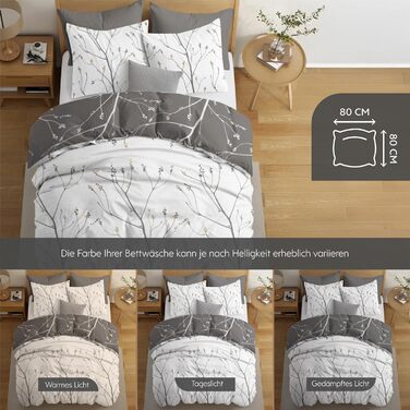 Комплект постільної білизни Dreamzie 200x200 см з 2 наволочками 80x80 см, сірий гілковий малюнок, для дорослих, 100% мікрофібра, сертифікат Oeko TEX