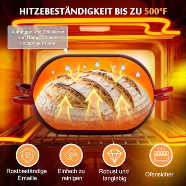 Форма для випікання хліба з кришкою Gusseisen, 23 см, емальоване чавунне ведро, 2.75 л, підходить для духовки (переливи синьо-зеленого та червоного кольорів)