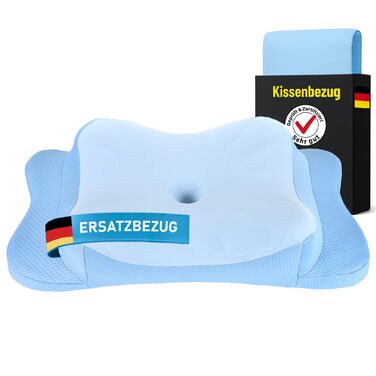 Подушка для шиї з Memory Foam, ергономічна, для всіх типів сну, з чохлом, сертифікат Oeko-TEX®, регулює температуру, (Блакитна, запасний чохол)