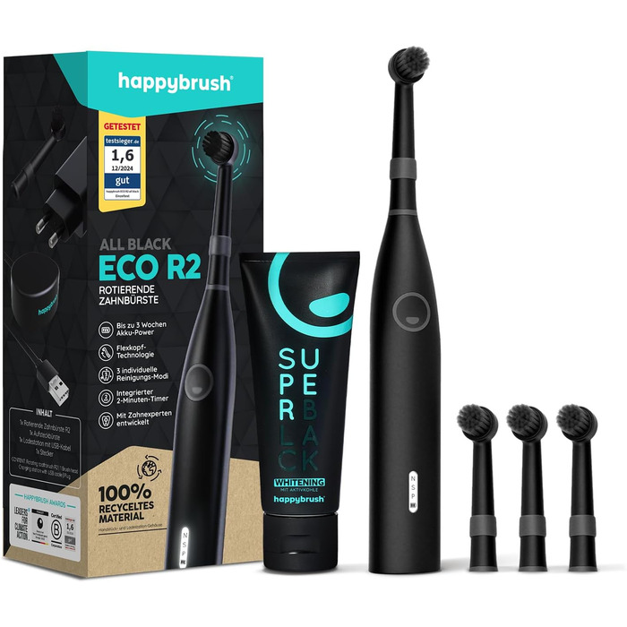 Електрична зубна щітка Happybrush Eco R2 - екологічна, з ротаційним механізмом, чорна, з 3 насадками та пастою. Рекомендовано експертами.
