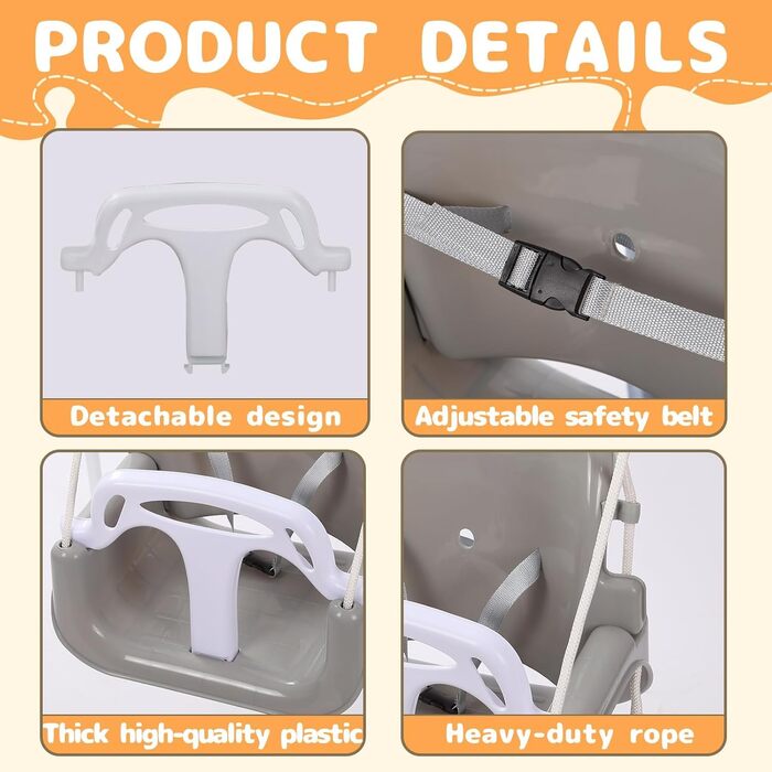 Дитяча гойдалка-шезлонґ 3-в-1 для дому та вулиці з металевим каркасом, сіра. Підходить для дітей від 6 місяців до 10 років