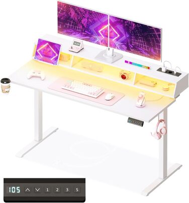 Офісний стіл для геймінгу OffiGo, 140 см, регульована висота, RGB LED, розетки, 3 полиці, тримач для напоїв та навушників, поверхня з карбону, білий колір
