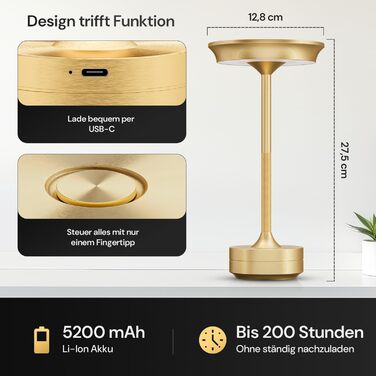 LED настільна лампа Designgold бездротова з акумулятором - стильний дизайн, 3 кольори світла, диммування, для дому та на вулицю, зарядка USB-C (Золота)