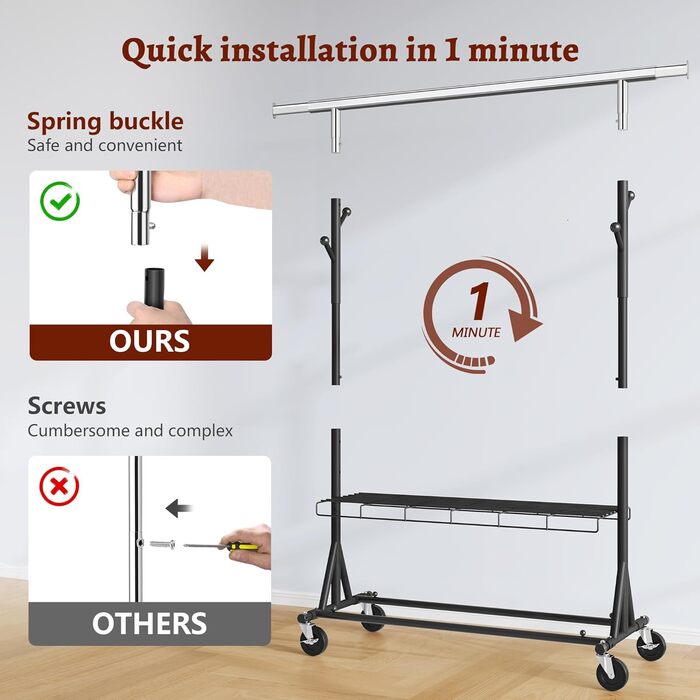 Стійка для одягу на колесах FAVOOOSTY, металева, мобільна, до 200 кг, чорна, 1 перекладина