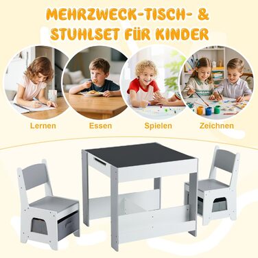 Дитячий стіл COSTWAY з 2 стільцями: дерев'яний набір 4-в-1 з полицями та ящиками для зберігання (від 3 років)