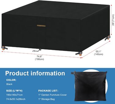 Водонепроникний чохол для садово-патіо меблів VANSHEIM 60x60x60 см / 190x140x71 см, захисна накривка для столу та сидінь