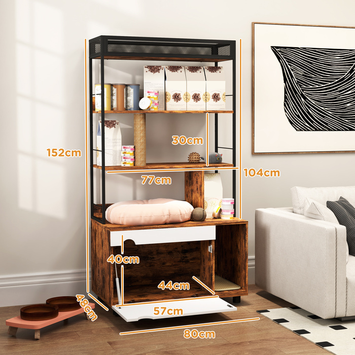 Котомийка з 3-ярусним стелажем та когтеточкою, закритий лоток для котів, 80 x 48 x 152 см, Коричневий