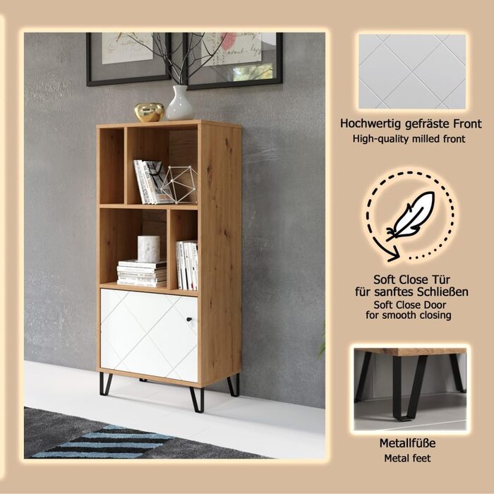 Trendteam Smart Living комод-тумба Trendteam Smart Living - комод-тумба з 2 дверцятами та 4 відділеннями, Artisan Eiche/Weiß, 63 x 136 x 40 см, з металевими ніжками