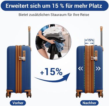 Валіза ручної поклажі KONO з тримачем для напоїв, жорсткий корпус, легкий поліпропілен, розширюваний, 4 колеса, TSA-замок (Темно-синій/Коричневий, M)