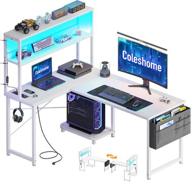 Ігровий стіл Coleshome L-подібної форми з LED підсвічуванням та розетками, 115x80 см. Реверсивний стіл з полицями для зберігання, ігровий кутовий стіл з сумкою для дому та геймінгу.