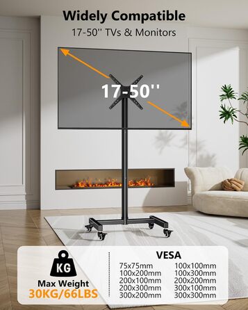 Підставка для телевізора на коліщатках для 17-50 дюймів, поворот 180°, регулювання висоти, VESA 300x300 мм, до 30 кг