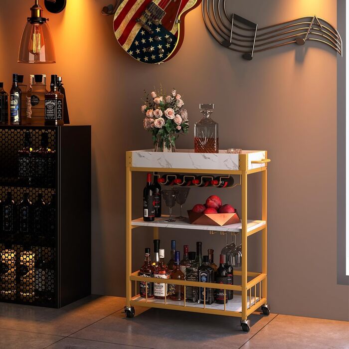 Сервізний візок Huhote з полицею для вина, барний візок, візок для напоїв, візок на колесах, візок для вина в їдальню, кухню, вітальню, бар, вечірку, з імітацією текстури дерева (золотий, корзина без заліза)